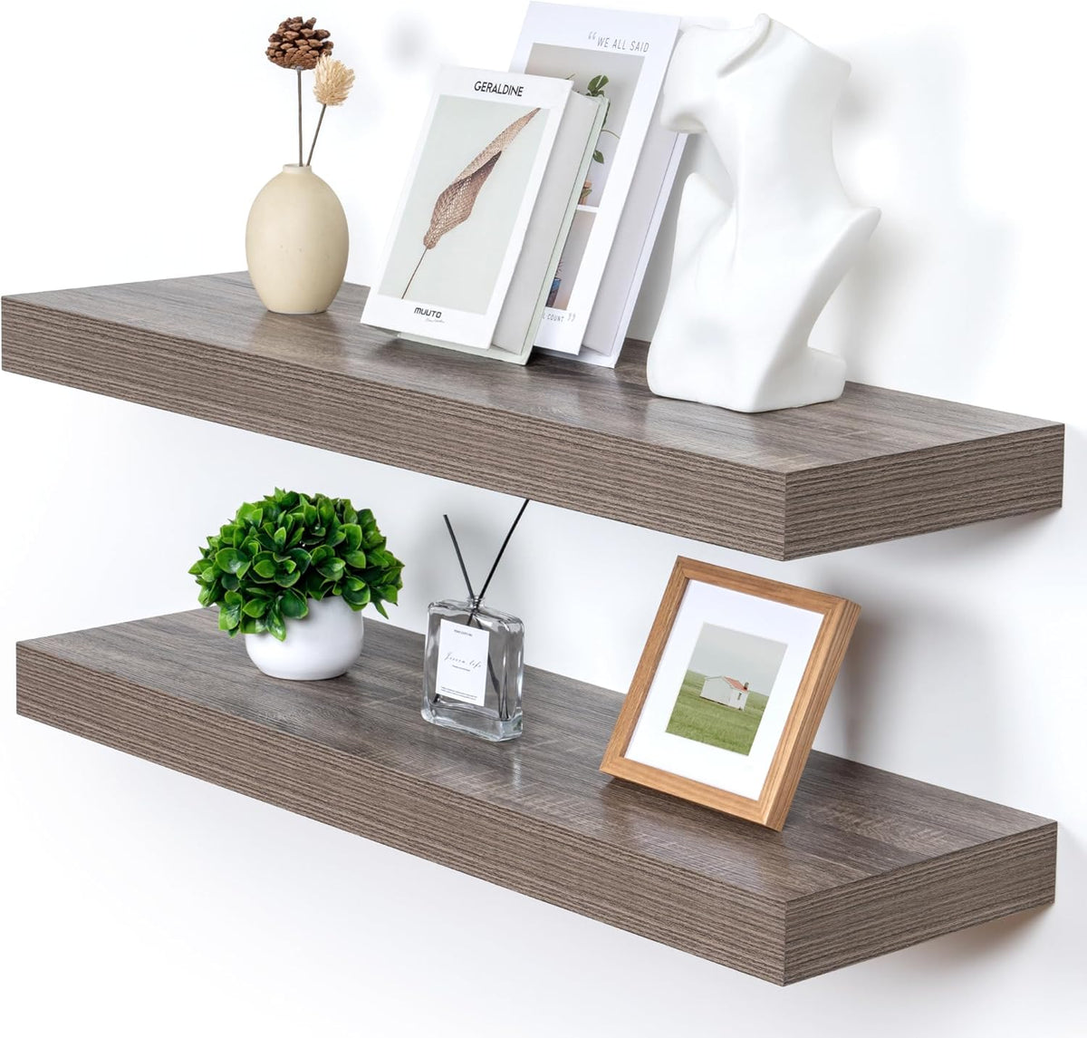 Deep Floating Shelves for Wall, 36W x 12D Rustic Large Floating Shelves Set of 2, 12'' Deep Grey