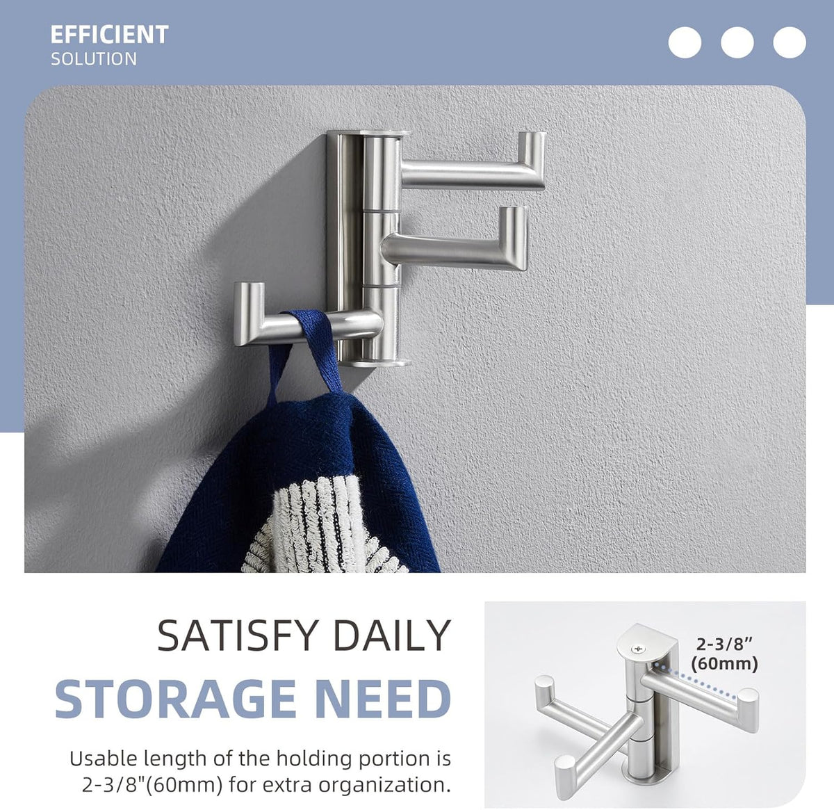 Angle Simple Swivel Towel Hook 3 Arms, SUS 304 Stainless Steel Foldable Robe Towel Hook for