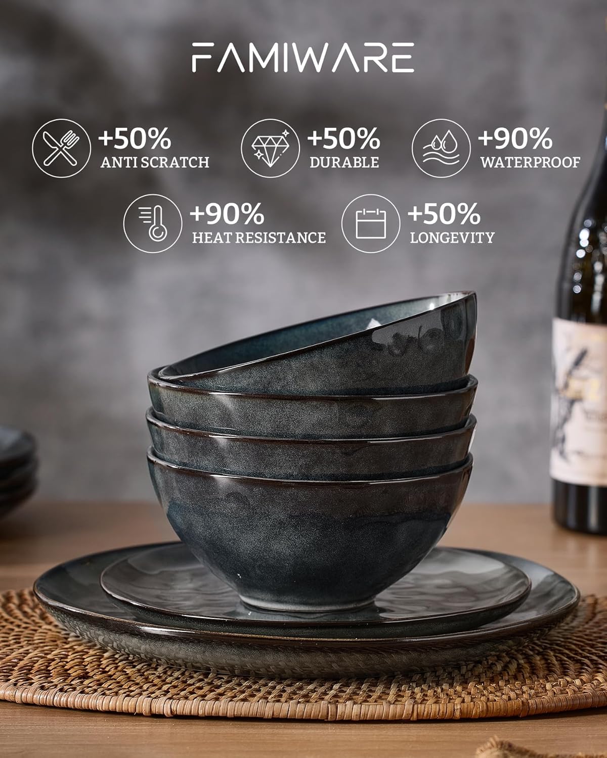 Famiware Dinnerware Sets for 4, Ocean Round 12-Piece Kitchen Plates and Bowls Sets, Reactive Glaze