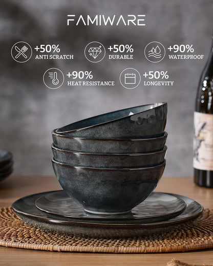 Famiware Dinnerware Sets for 4, Ocean Round 12-Piece Kitchen Plates and Bowls Sets, Reactive Glaze