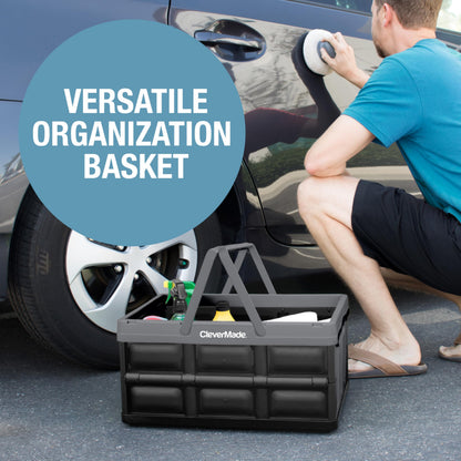 CleverMade Collapsible Shopping Basket, 32L Storage Crate, 3 Pack, Stone