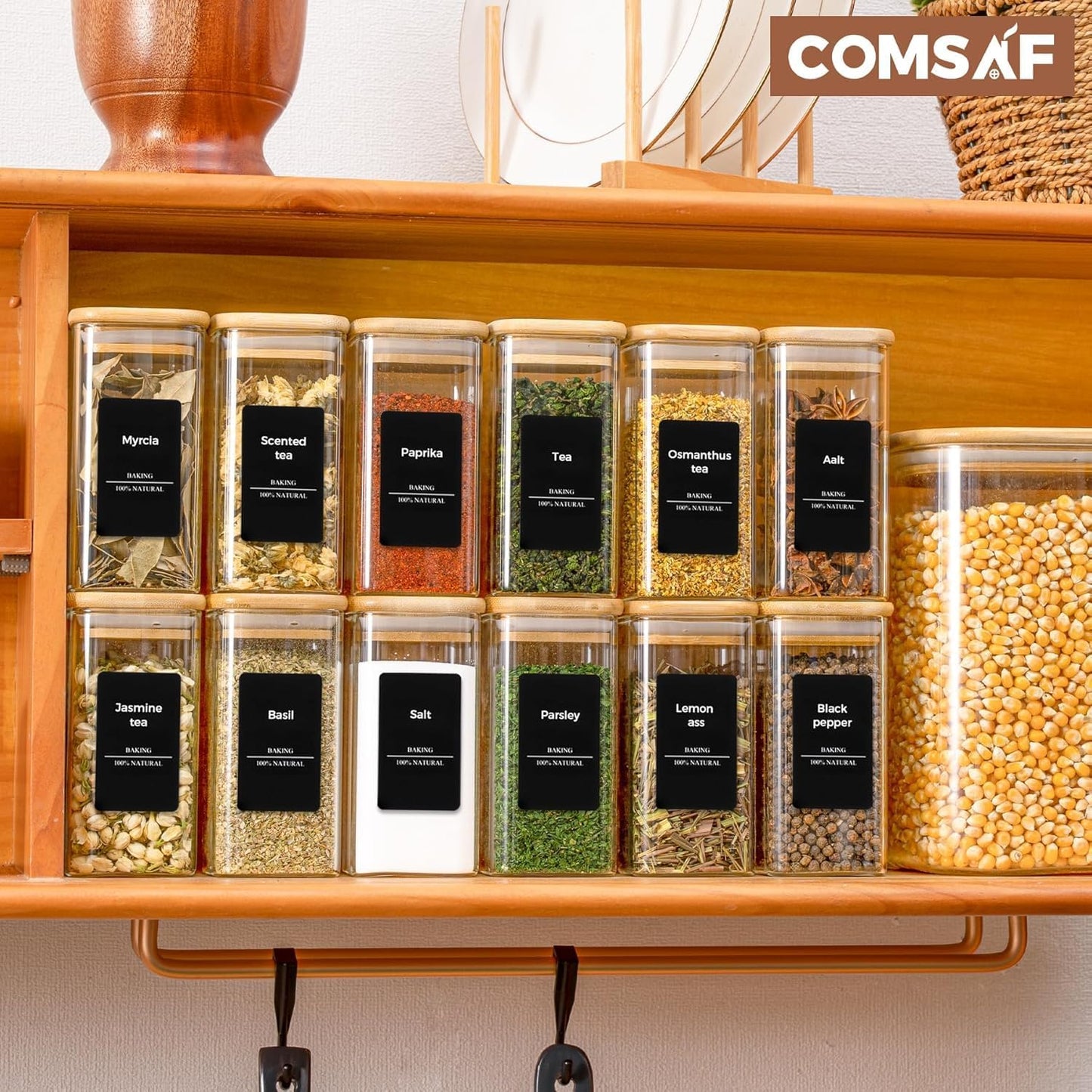 ComSaf 6Pcs 10 oz Large Spice Jars with Label Trial Set, Glass Spice Jars with Bamboo Lids
