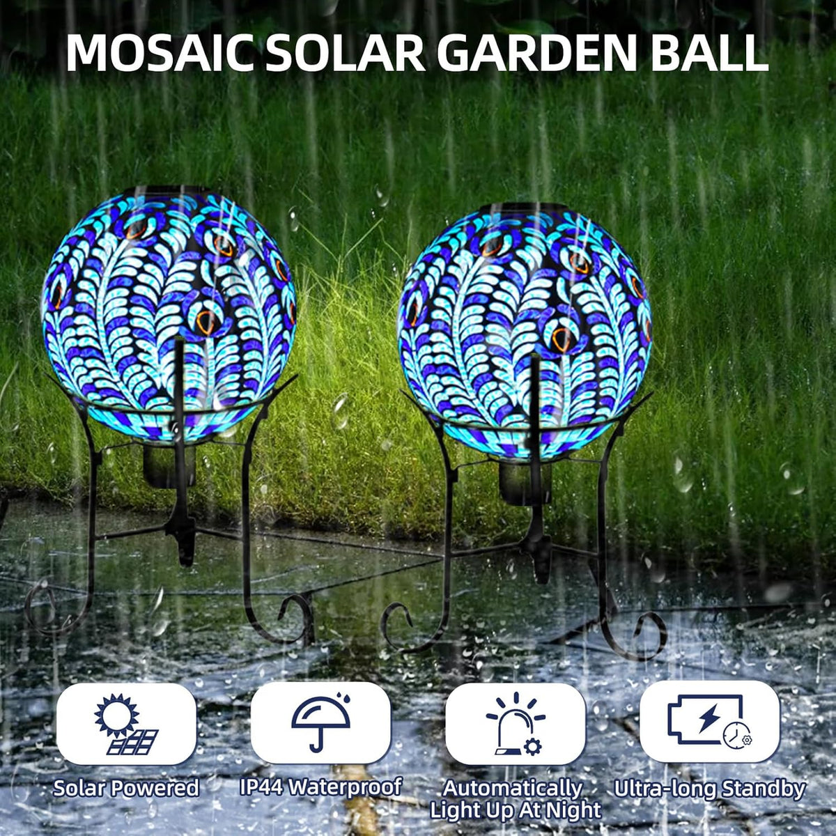 VOREEN Solar Gazing Ball, 10" Mosaic Glass Gazing Globe with Solar Light, Handmade Outdoor Yard