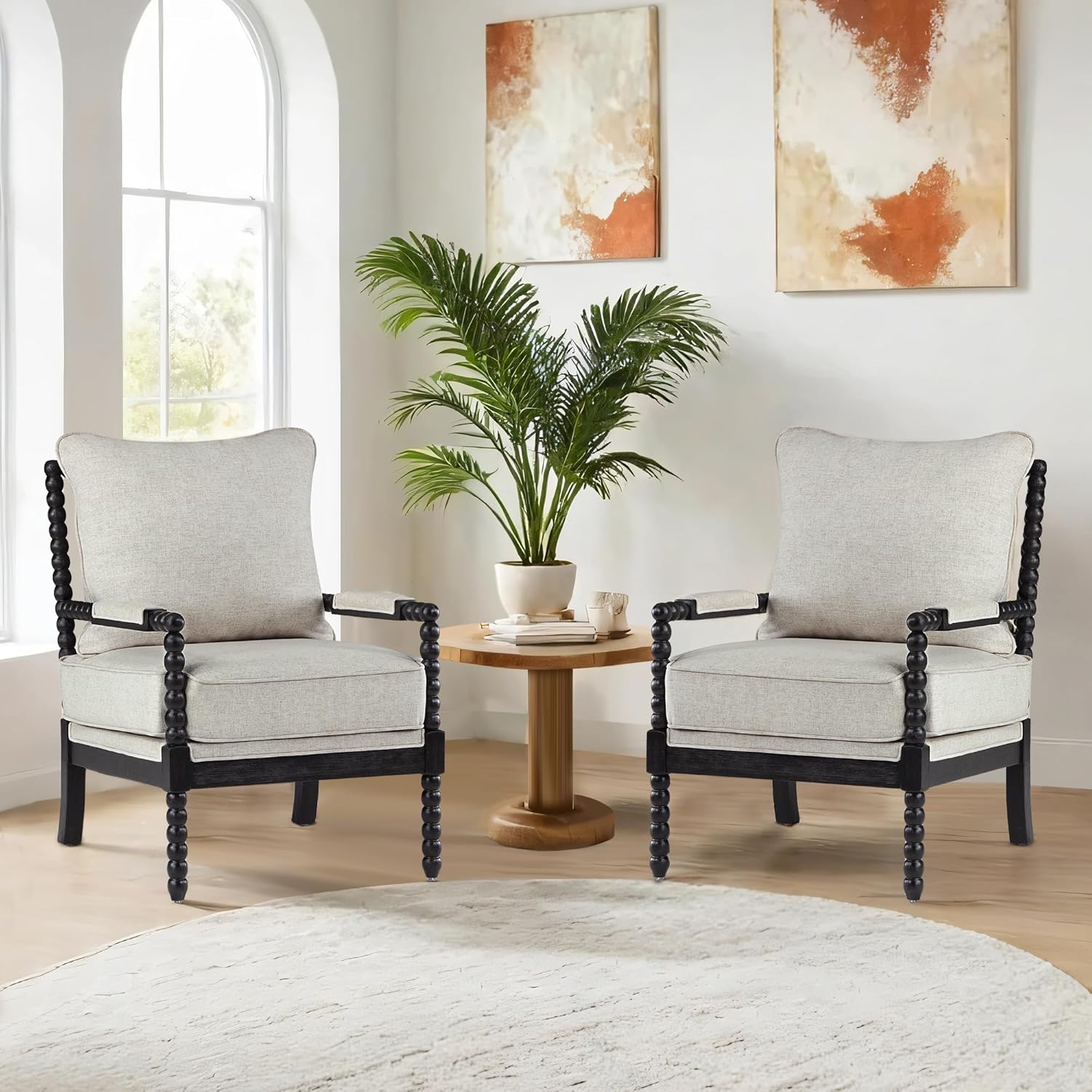DUHOME Linen Fabric Spindle Accent Chairs Set of 2,Bobbin Chair with High Resilience Spring Cushion