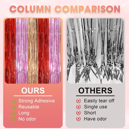 3 Pack 3.3 x 8.2 ft Valentine Foil Fringe Backdrop Curtains, Tinsel Streamers Party Decorations