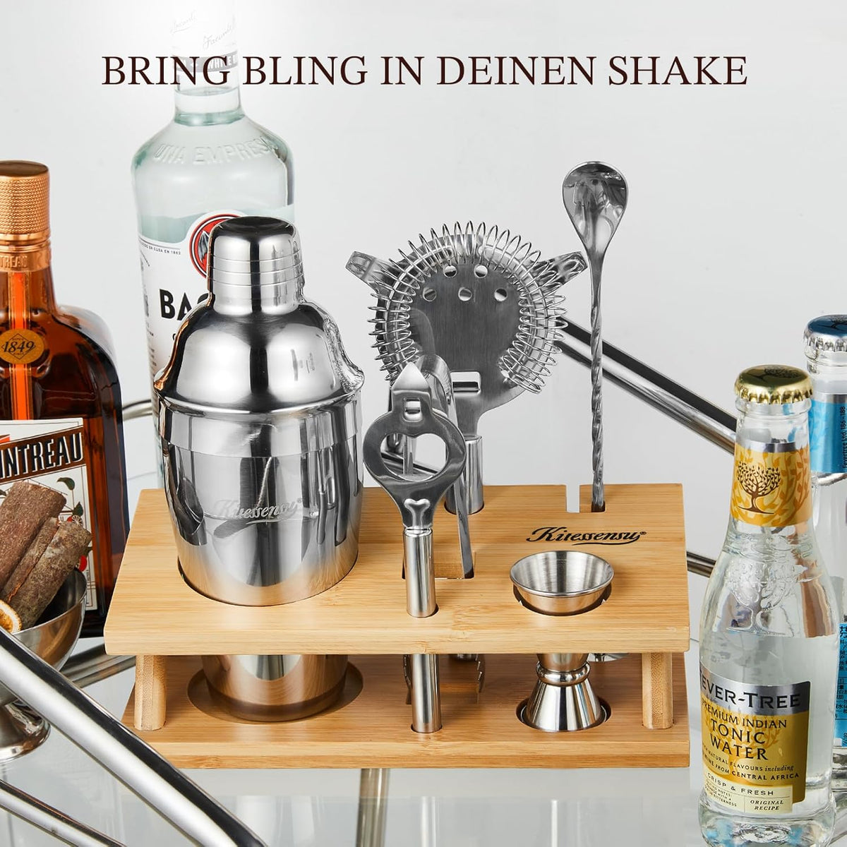 KITESSENSU Cocktail Shaker Set Bartender Kit, 6-Piece Silver Bar Set with Stand, Bar kit with