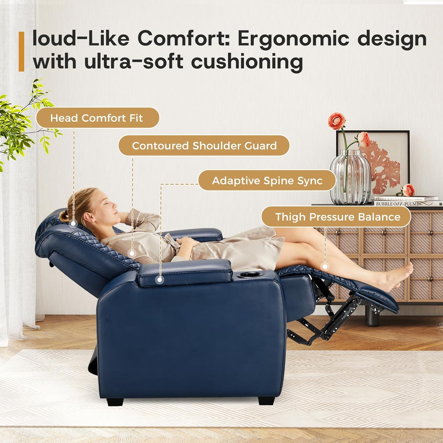 ANJ Power Home Theater Seating Set of 3, Blue Faux Leather Electric Recliner Chair with Powered
