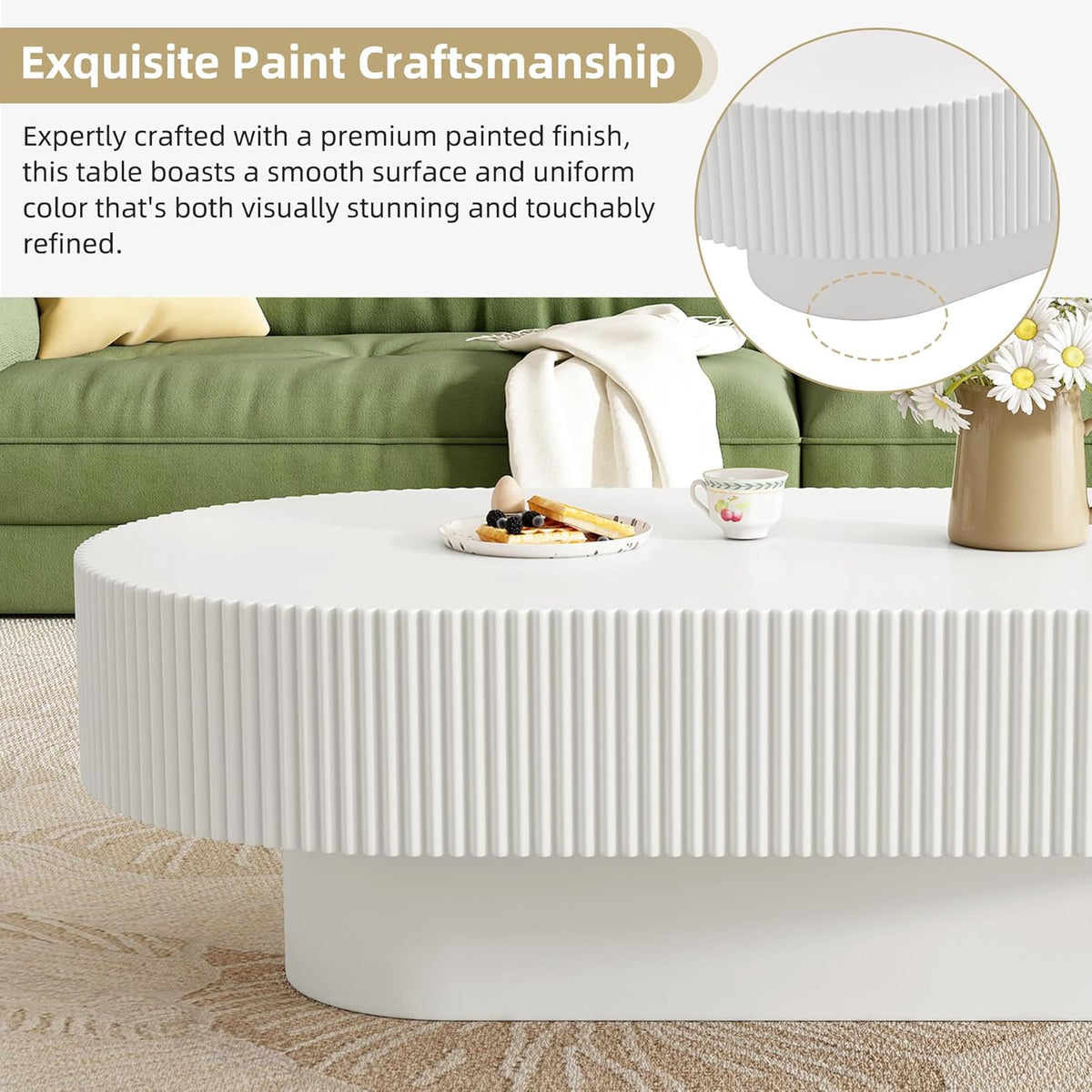 43.3" Oval Fluted Coffee Table Modern Elegant Drum End Table, Minimalist Center Table 7.8" Thick