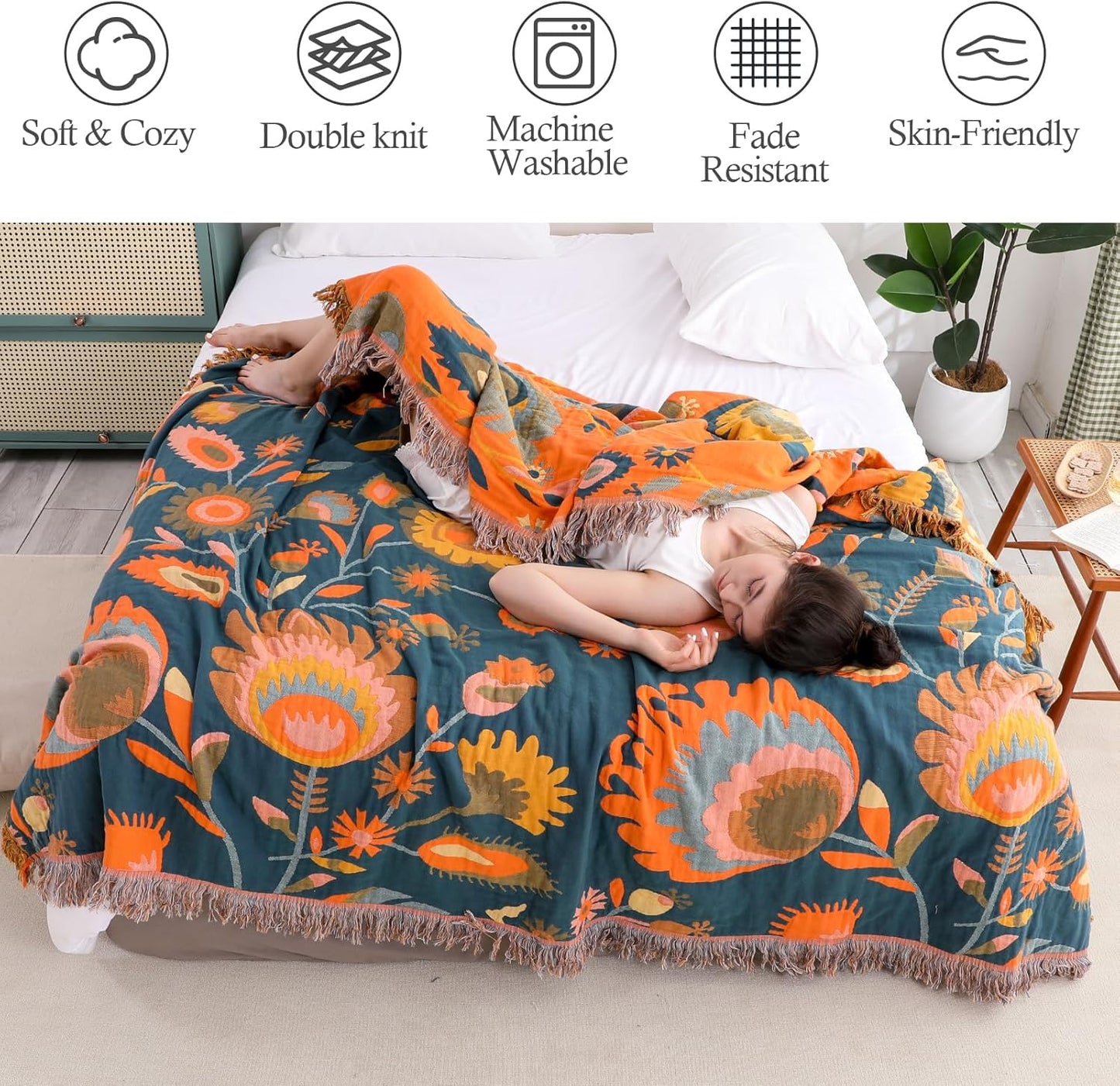 Snycler Boho Throw Blanket for Bed, 100% Organic Cotton Muslin Soft Throw-Orange Boho Floral