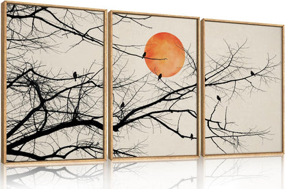 Celestdeco Large Vintage Tree Branch Framed Canvas Wall Art Set, Retro Tree Drawing Wall Decor
