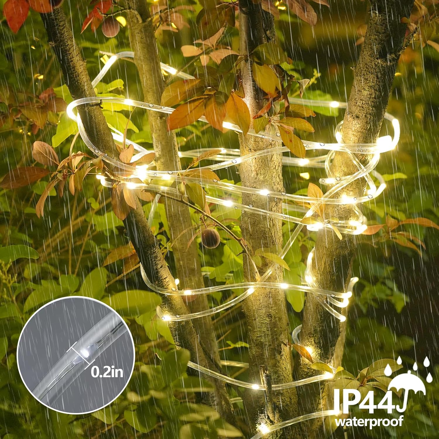 YEGUO 2 Packs Each 33ft 100 LED Solar Rope Lights Outdoor Waterproof, Warm White String Lights for