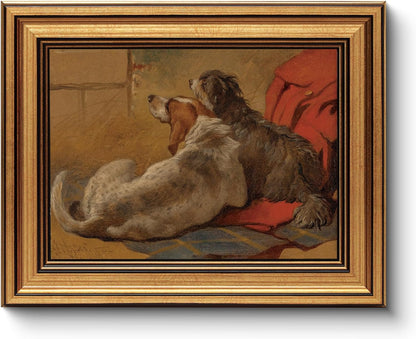 HUARCEY Gold Framed Vintage Wall Art for Living Room Dogs Oil Painting Wall Decor– Cozy Pet-Themed