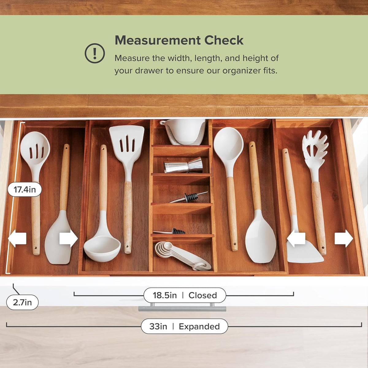 Adjustable Kitchen Drawer Organizer for Utensils and Junk, Food-Safe Contract Grade with 100%