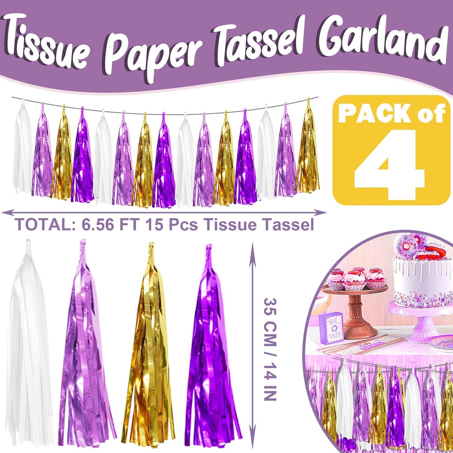 4P Purple-Gold Foil Fringe Metallic Tassel Garland, Tassels Banner Streamers for Parade Floats