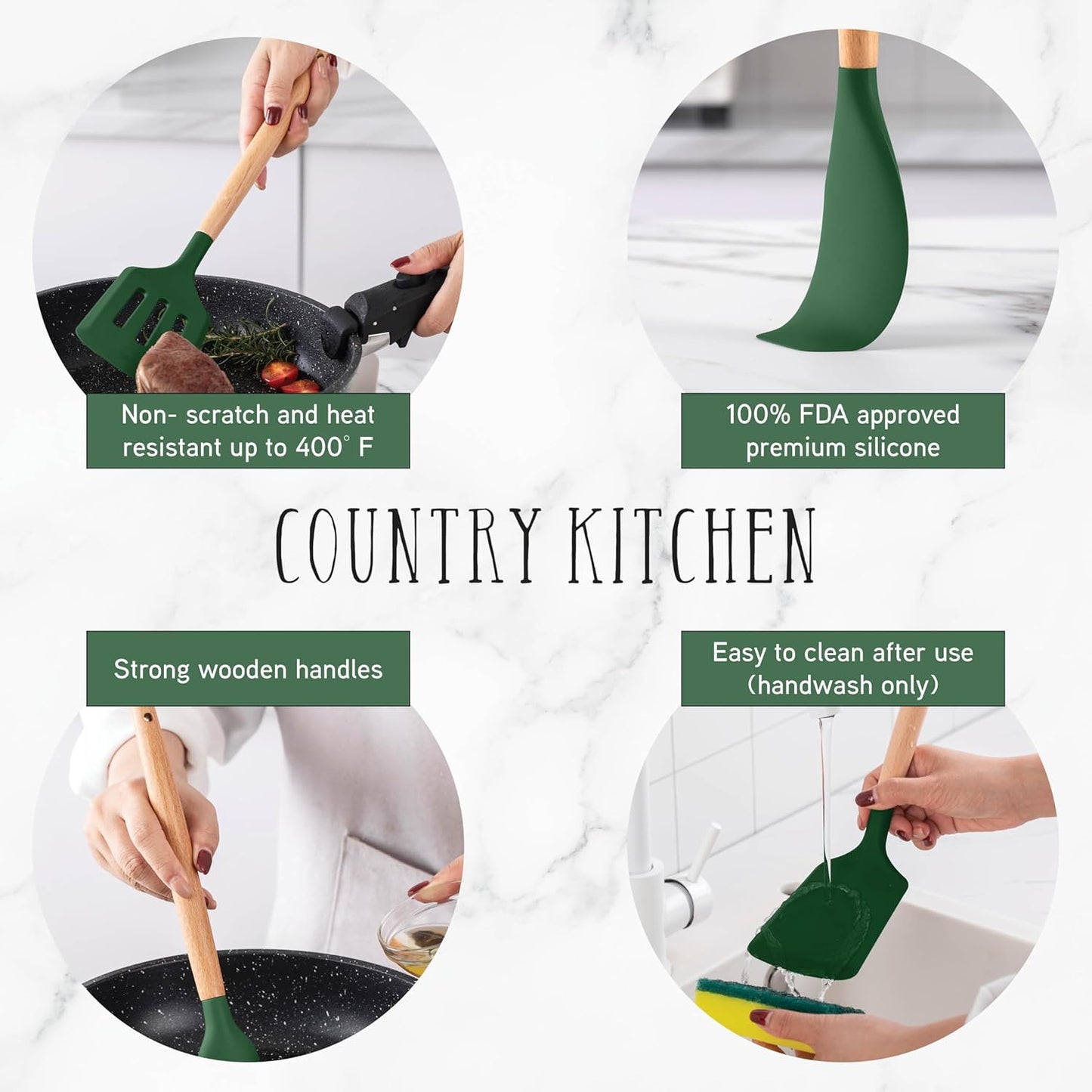 Country Kitchen Non Stick Silicone Utensil Set with Rounded Wood Handles for Cooking and Baking, 14