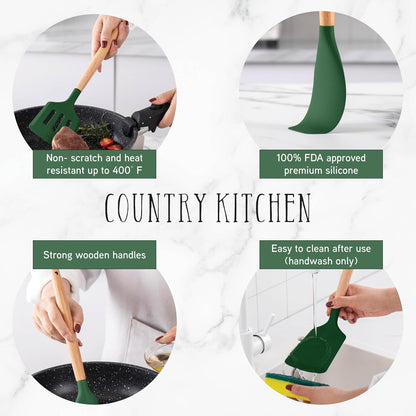 Country Kitchen Non Stick Silicone Utensil Set with Rounded Wood Handles for Cooking and Baking, 14