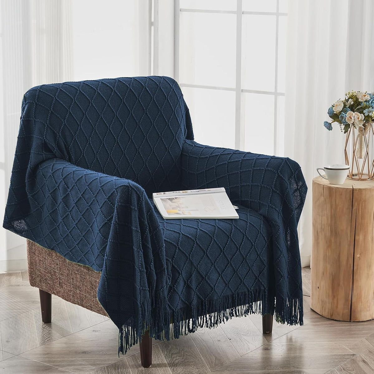 inhand Knitted Throw Blankets for Couch and Bed, Soft Cozy Knit Blanket with Tassel, Dark Blue
