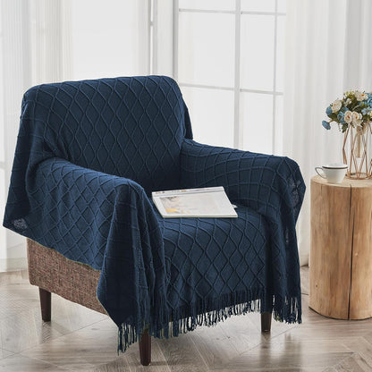 inhand Knitted Throw Blankets for Couch and Bed, Soft Cozy Knit Blanket with Tassel, Dark Blue