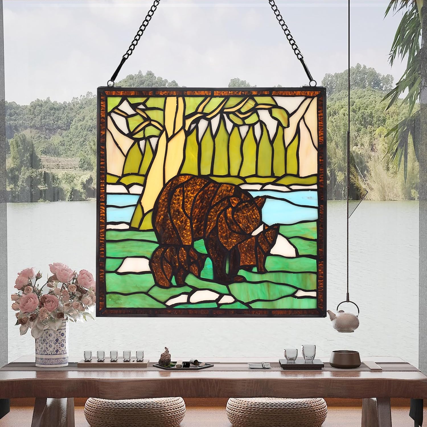 bwkoiujes Stained Glass Window Hanging 12" Square Tiffany Animal Style 3 Brown Bears Suncatcher