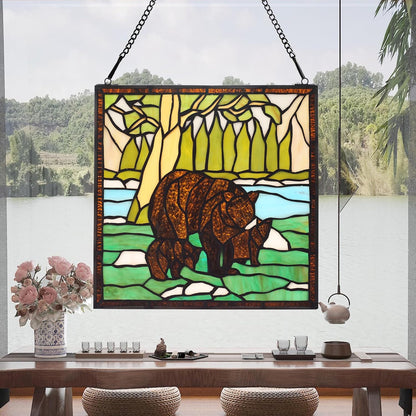 bwkoiujes Stained Glass Window Hanging 12" Square Tiffany Animal Style 3 Brown Bears Suncatcher