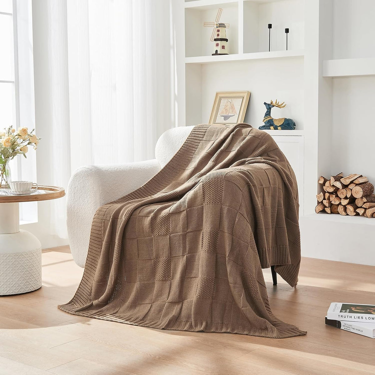CozeCube Check Knit Throw Blanket, Light Brown Checkered Throw for Couch, Decorative Christmas Soft