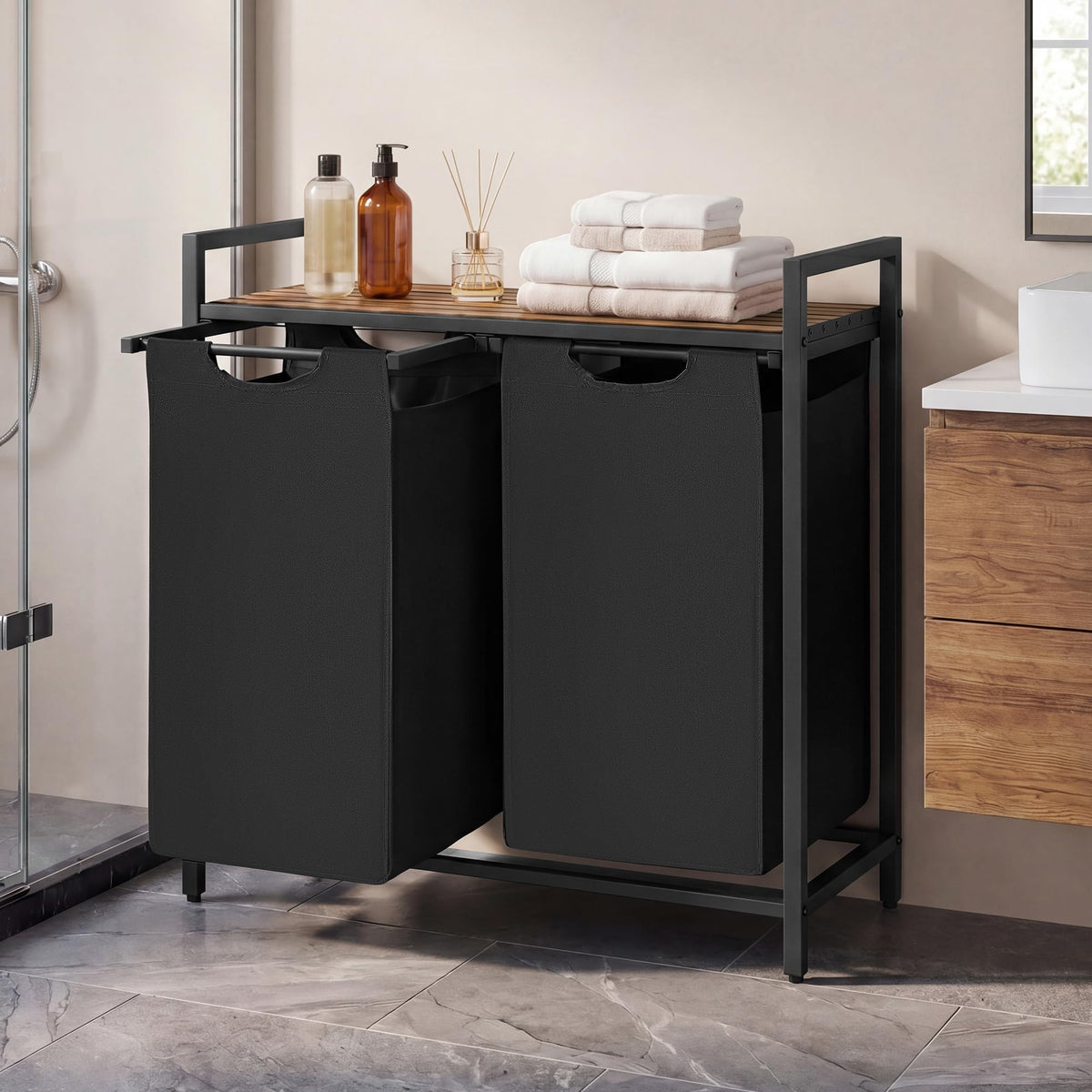 SONGMICS HOME Laundry Basket Sorter with Storage Shelf, Laundry Hamper with Metal Frame, 2 x 12.1