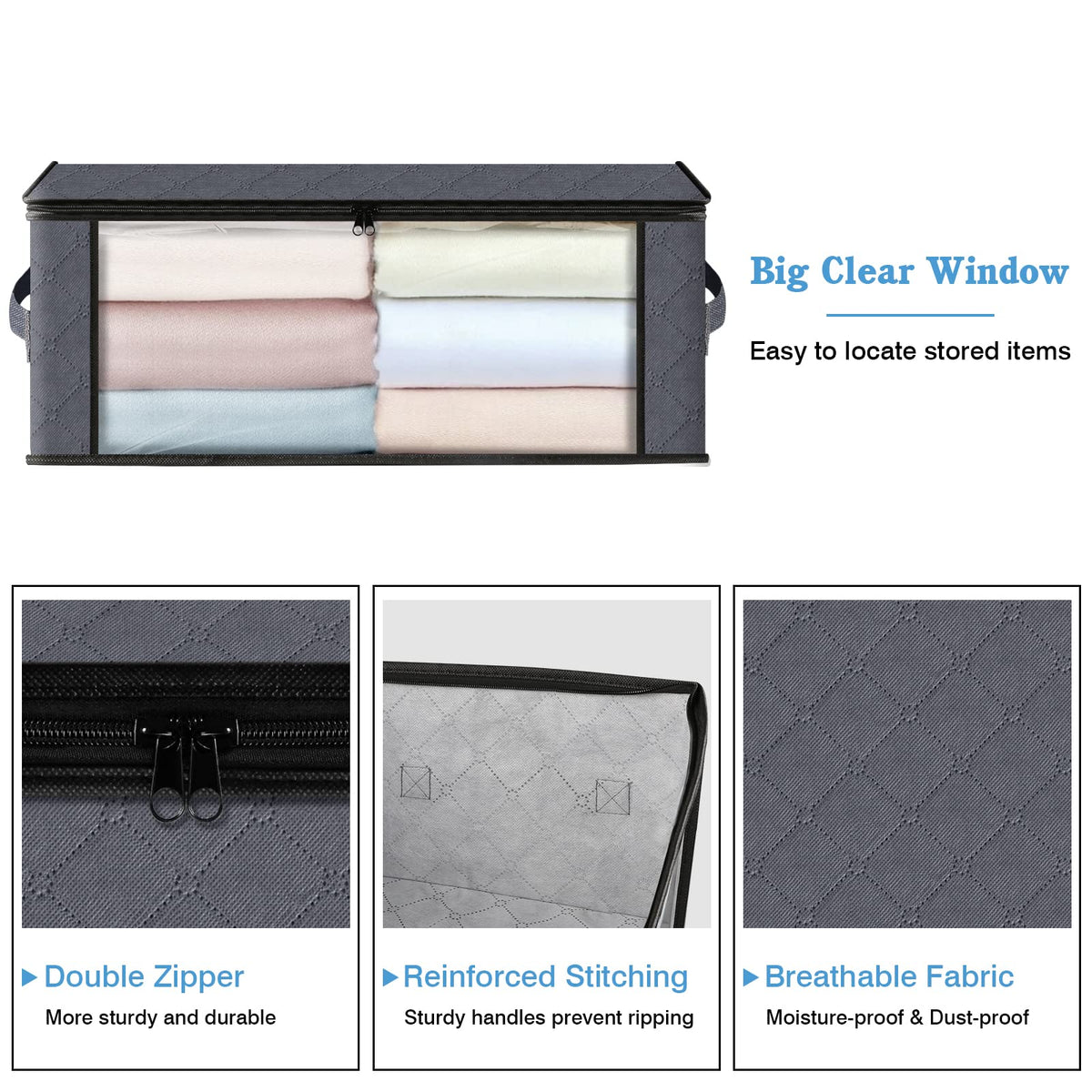 HomeHacks 3-Pack Clothes Organizer Storage Bags, 35L Storage Bins, Gray