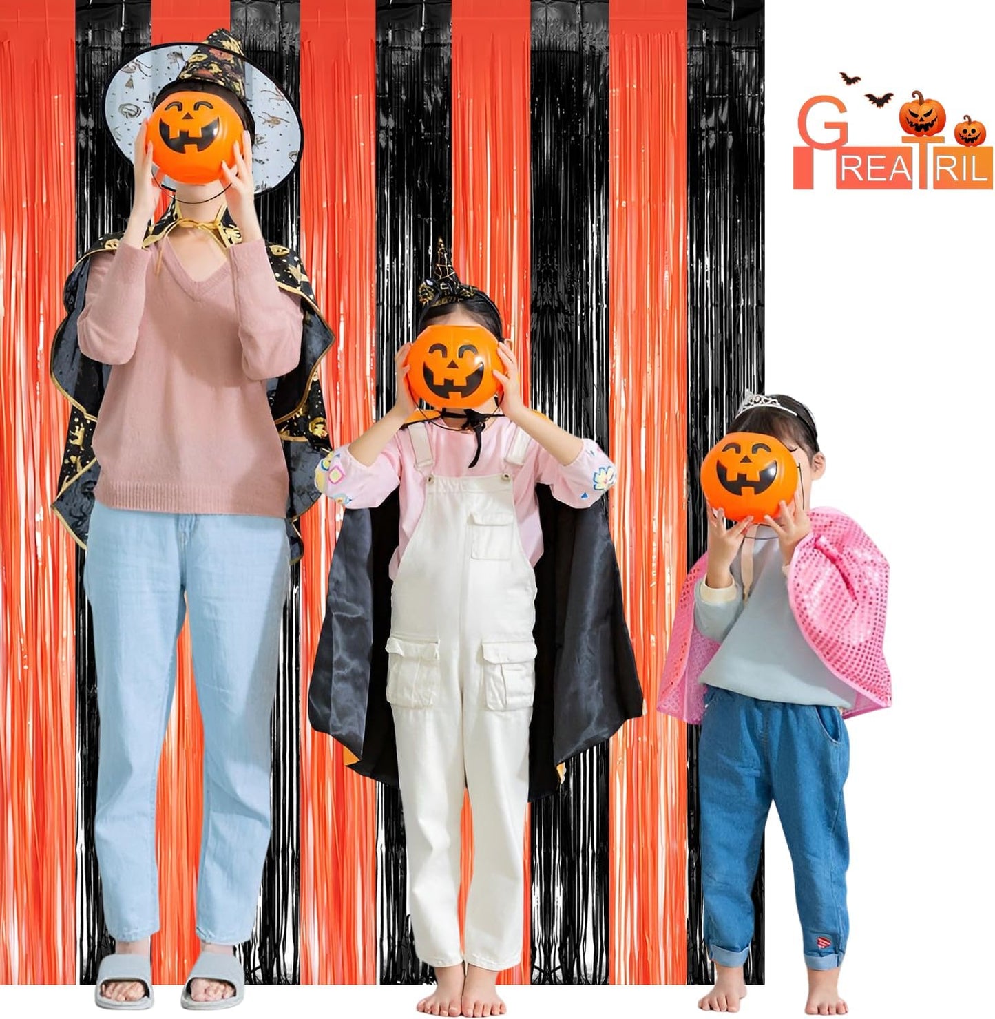 Black Orange Streamers Party Backdrop - GREATRIL Tinsel Fringe Curtain for Halloween
