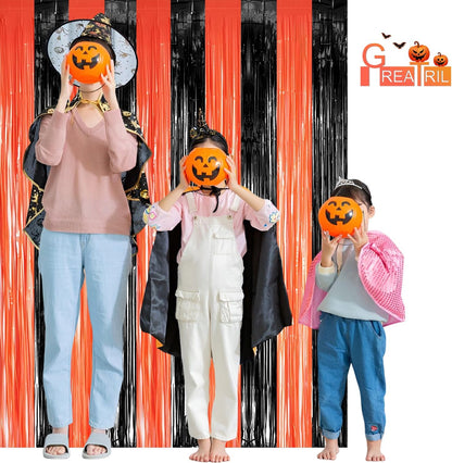 Black Orange Streamers Party Backdrop - GREATRIL Tinsel Fringe Curtain for Halloween