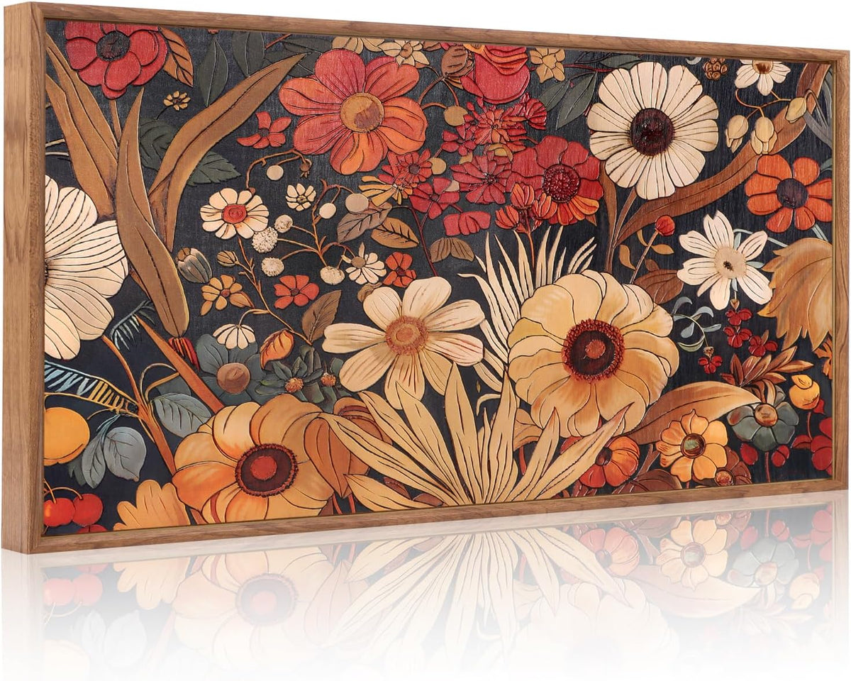 Aurlan Boho Burnt Orange Terracotta Wildflowers Framed Wall Art(40"x20"), Abstract Floral 3D