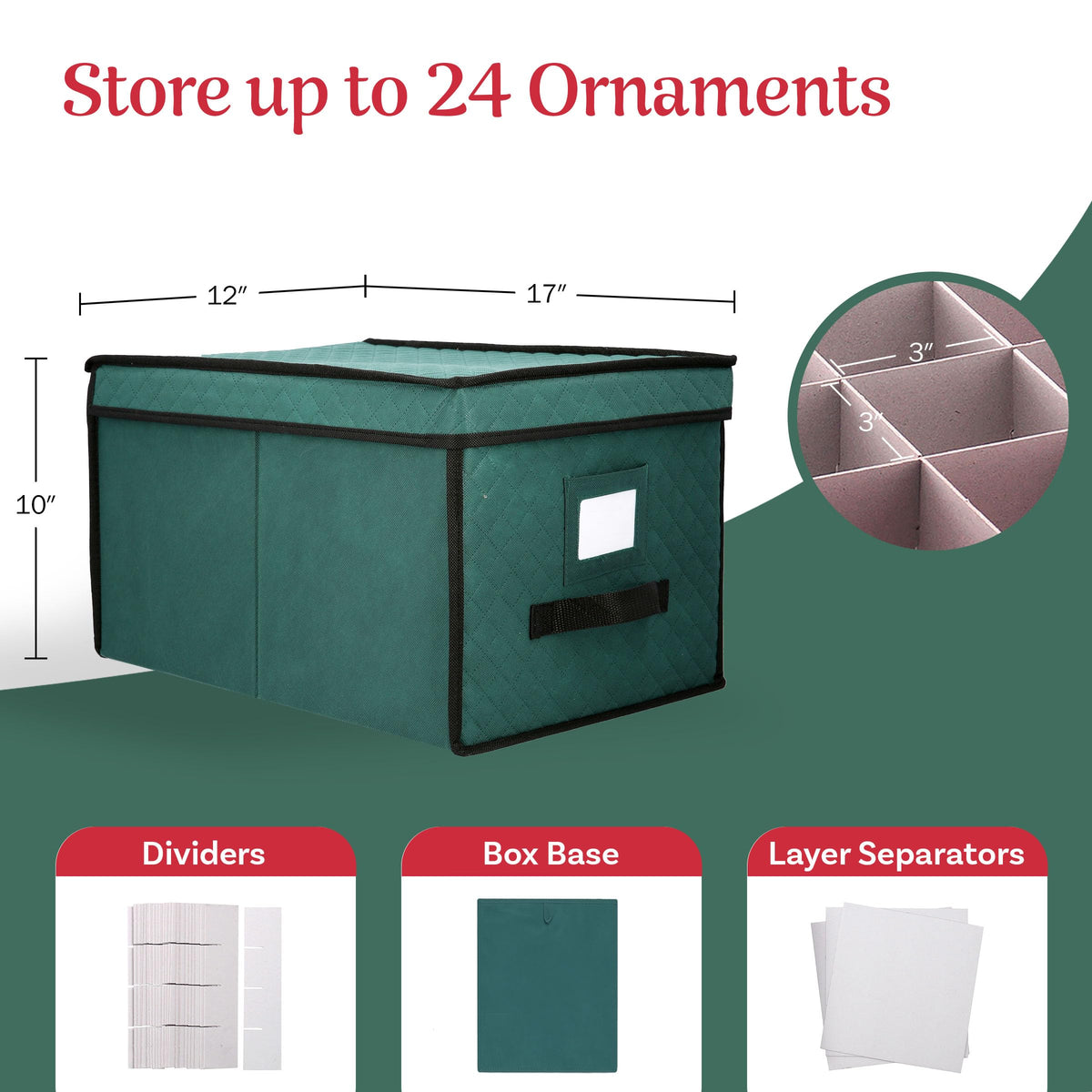 Ornament Storage Box - Flip Top Organizer Cube With 24 Individual Compartments and Dividers - For
