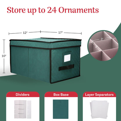 Ornament Storage Box - Flip Top Organizer Cube With 24 Individual Compartments and Dividers - For