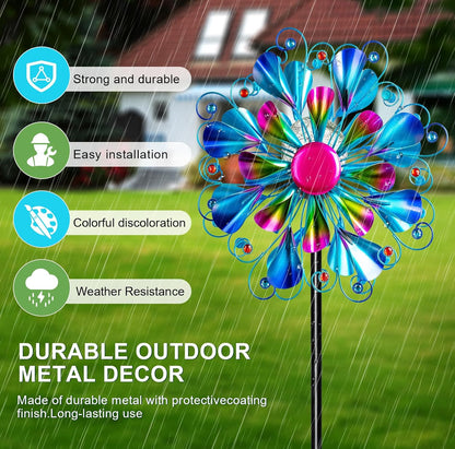 60'' Wind Spinner with Color Glass Ball Solar Lights, Blue Peacock Feathers Metal Garden Outdoor