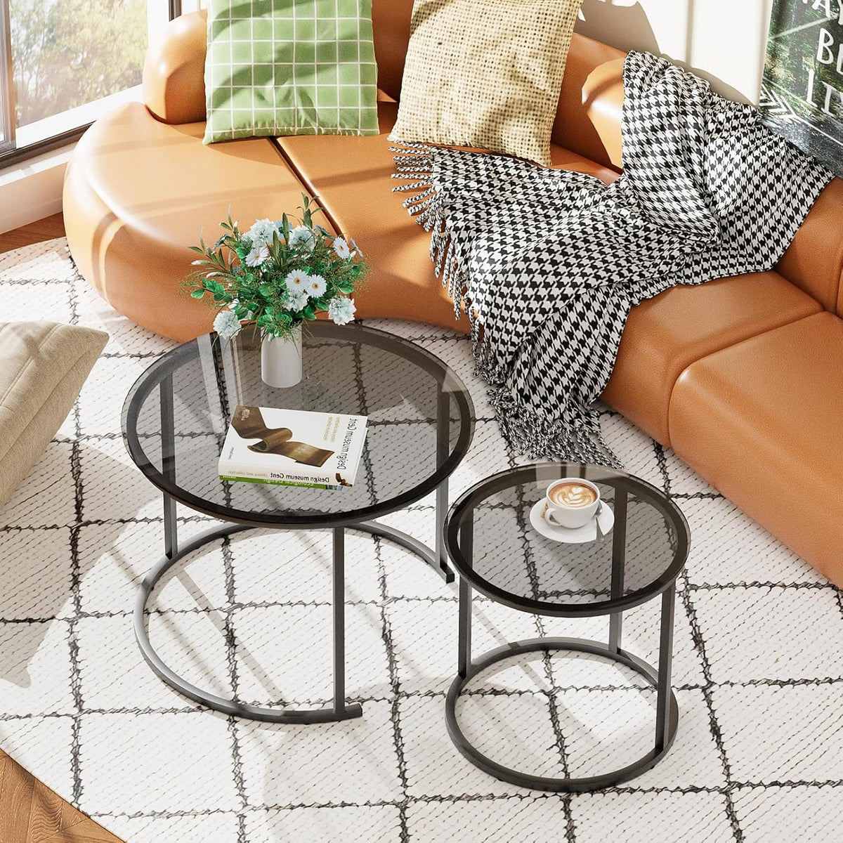 aboxoo Nesting Coffee Table Grey Glass Table Set of 2, Small Round Glass Nesting Tables for Living
