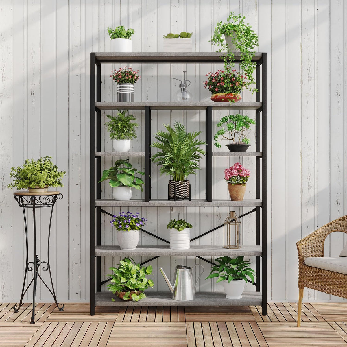 LVB Industrial 6 Tier Bookshelf, Large Tall Open Rustic Vintage Etagere Bookcase, Gray Big Wide