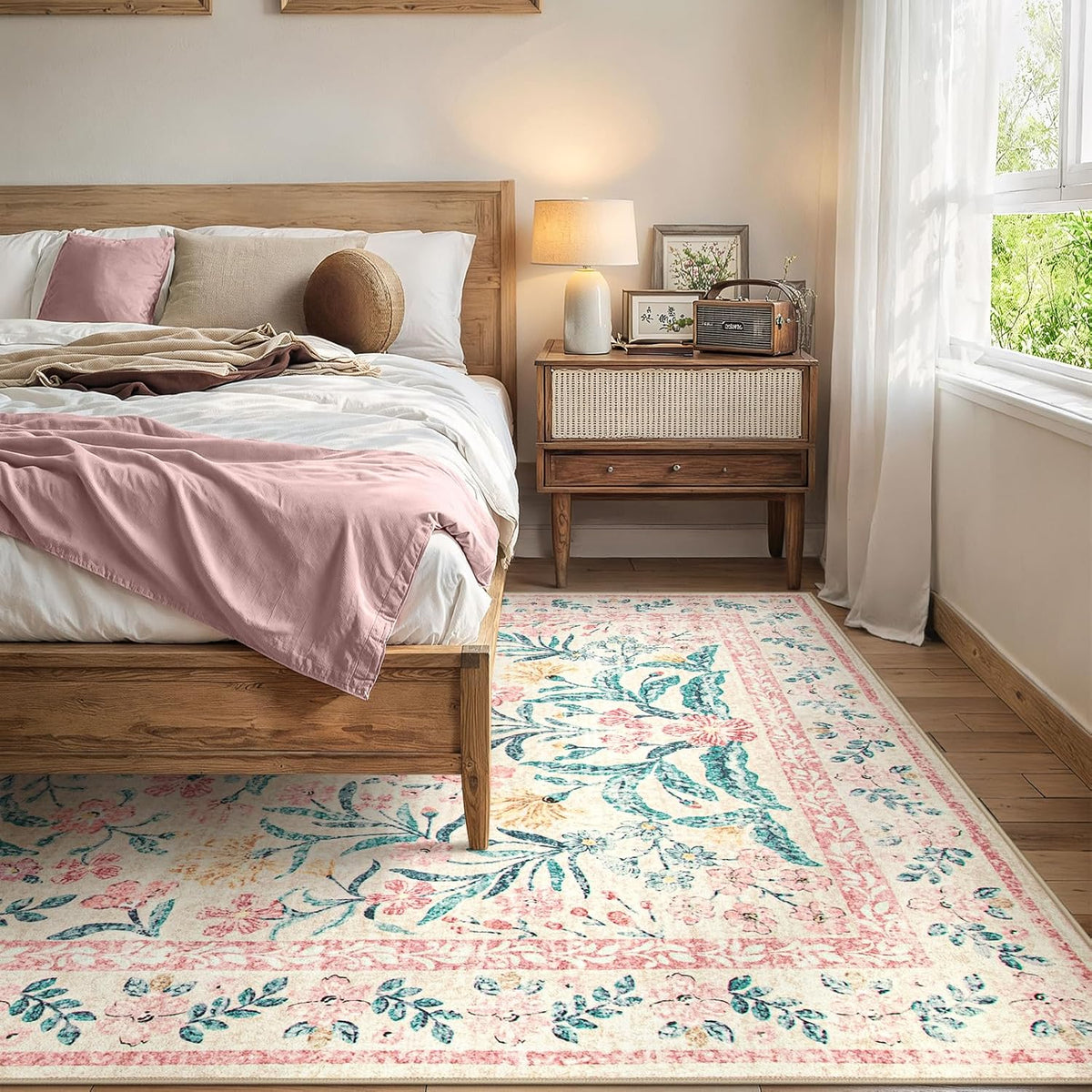 Wonnitar Machine Washable 10x14 Area Rugs, Large Living Room Rug Floral Pink and White Carpet, Boho