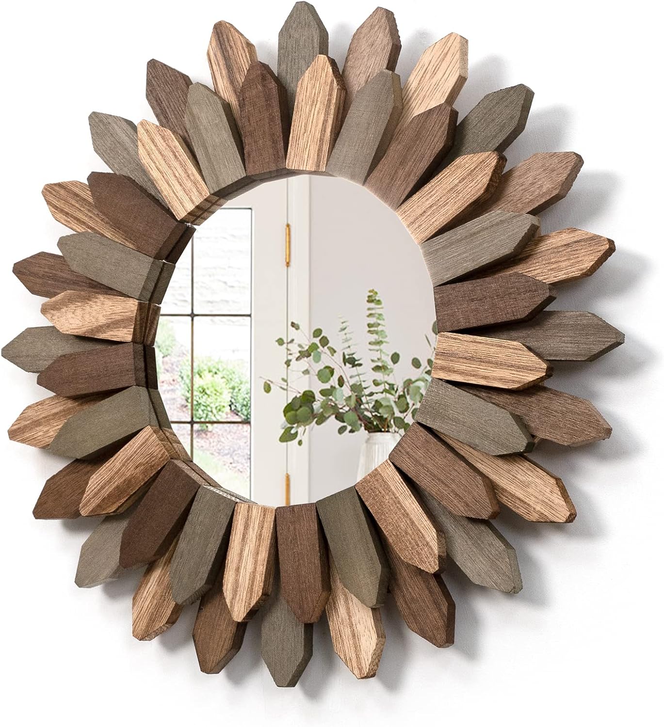 Honiway Boho Wall Decor 12 inch Decorative Mirror with Rustic Wood Sunburst Frame, Perfect for