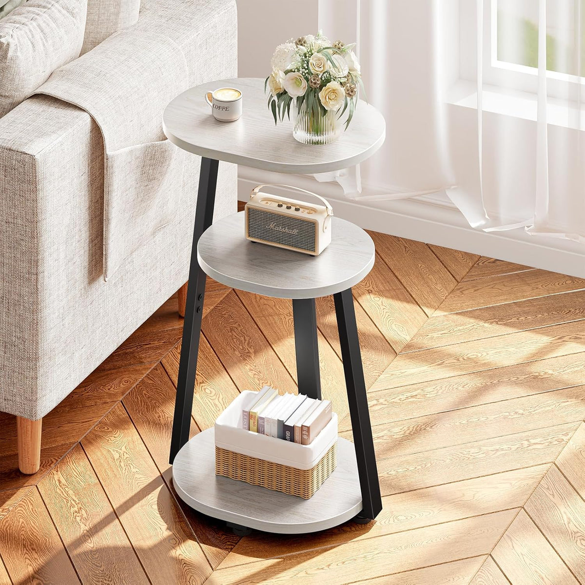 Side Table, Small End Table with Metal Frame, 3-Tier Bedside Tables, Round Side Tables for Living