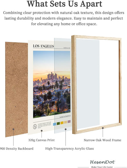 HesenDot Natural OAK Wood Los Angeles Cityscape Framed Wall Art,12x16in City Skyline Canvas Wall