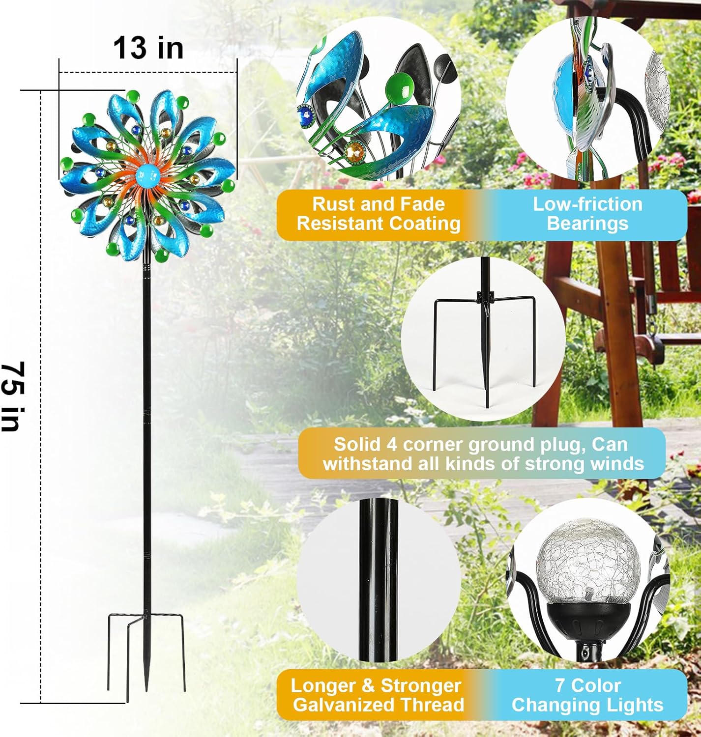 Wind Spinners for Yard and Garden - Wind Sculptures & Spinners, 75 Inch, Navy Blue, Kinetic Art