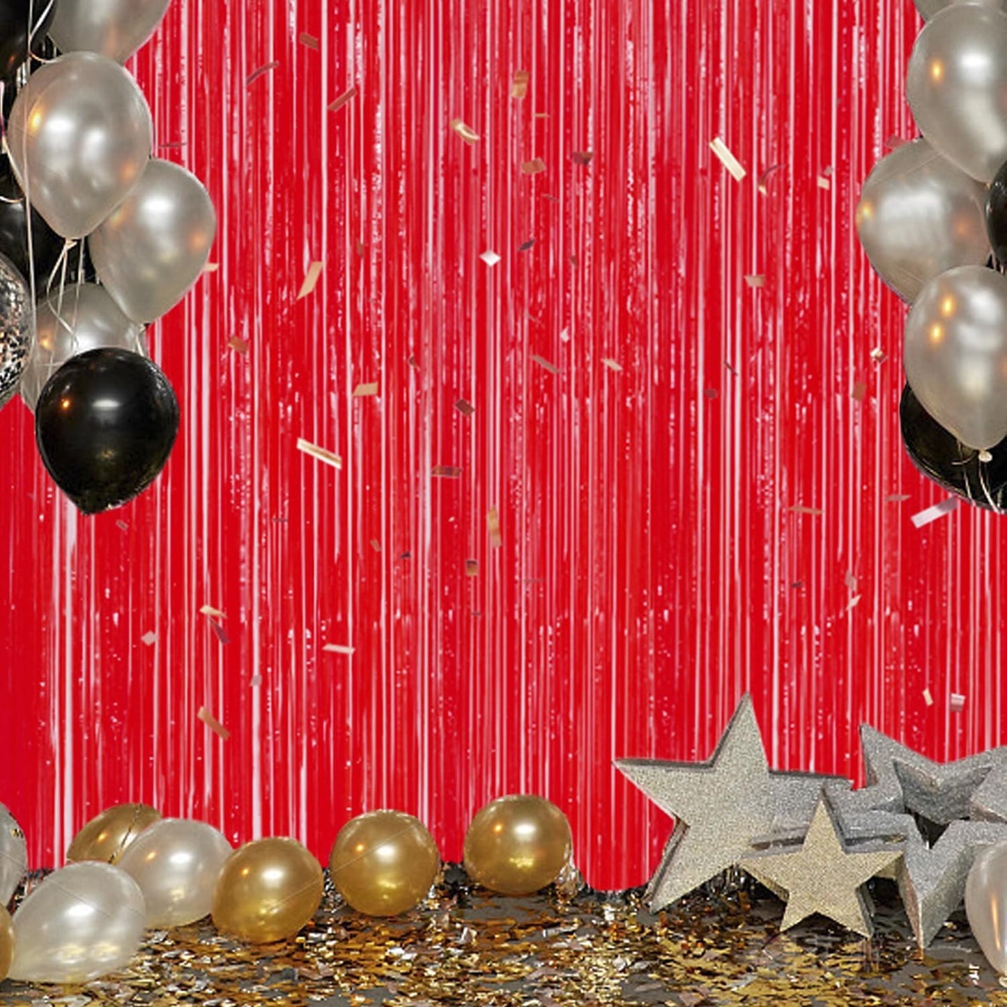 3 Pack Foil Fringe Backdrop - Pastel Red Shiny Tinsel Curtains for Party Decoration/Photo Booth