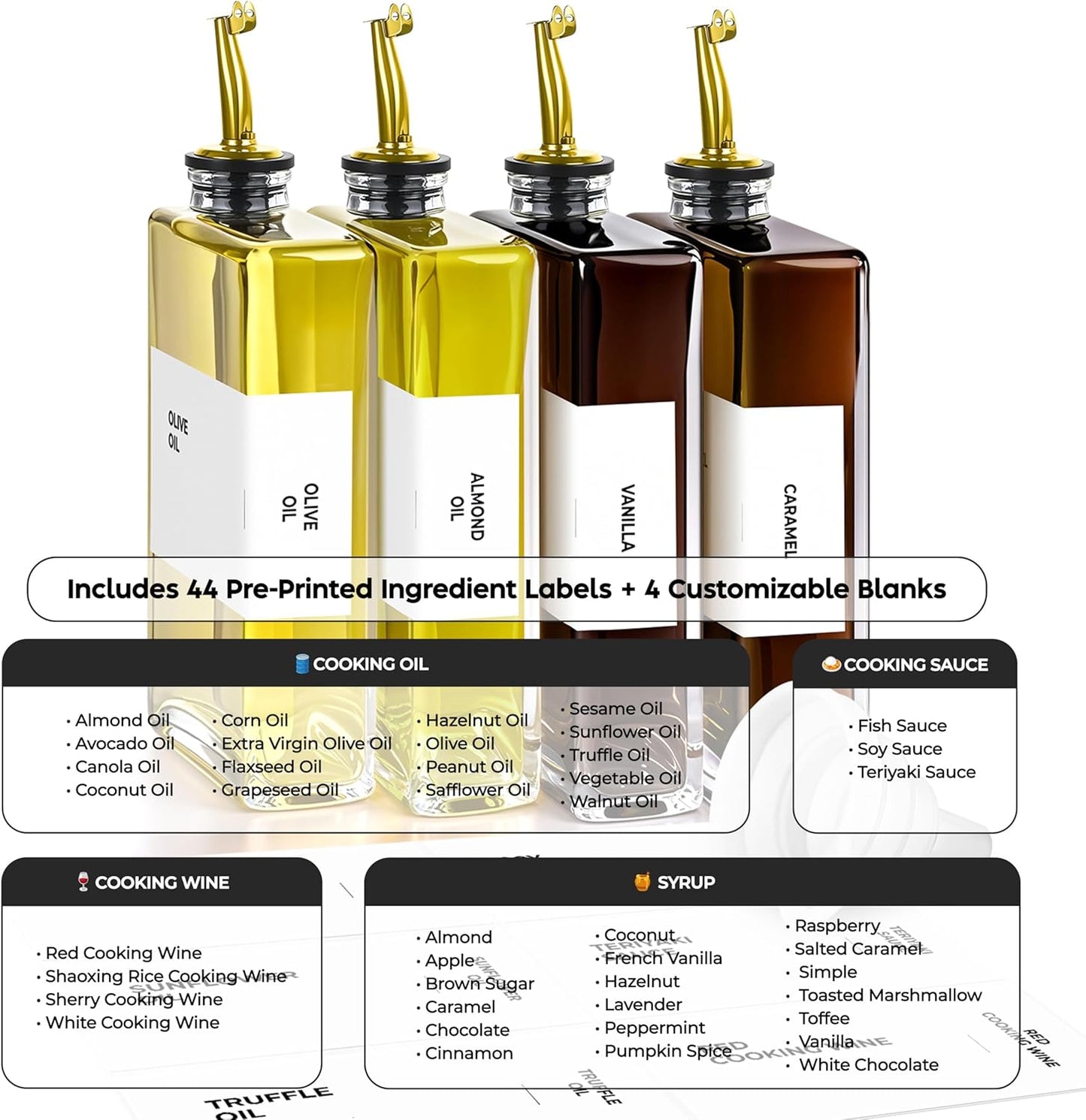 Olive Oil Dispenser Bottle - Includes 44 Kitchen Essential Labels - Cooking Oil Bottles for