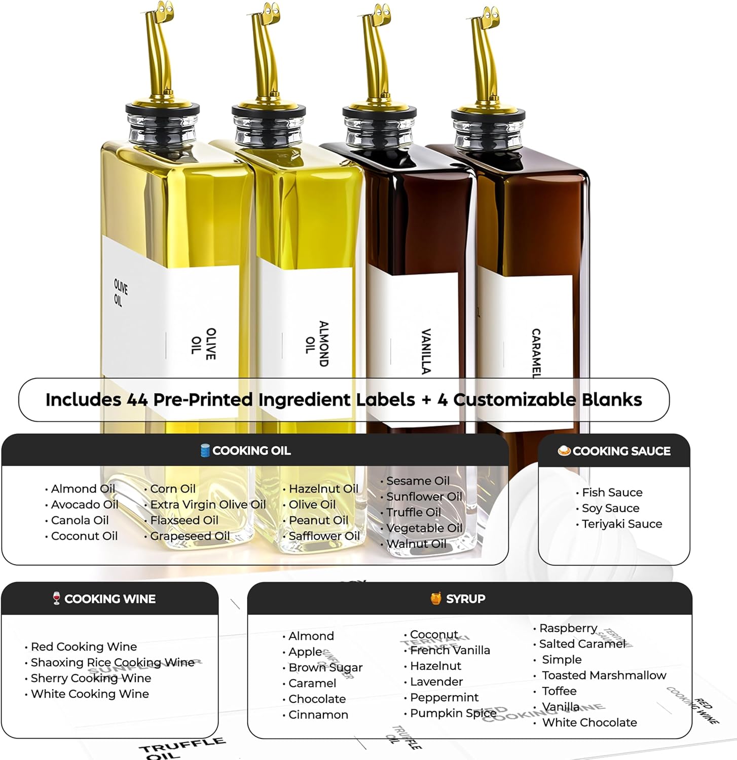 Olive Oil Dispenser Bottle - Includes 44 Kitchen Essential Labels - Cooking Oil Bottles for