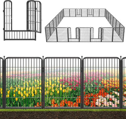 Decorative Black Metal Fencing Garden Fence with Gate, 64ft(L) 32in(H) 28 Fence Panels No Dig Fence