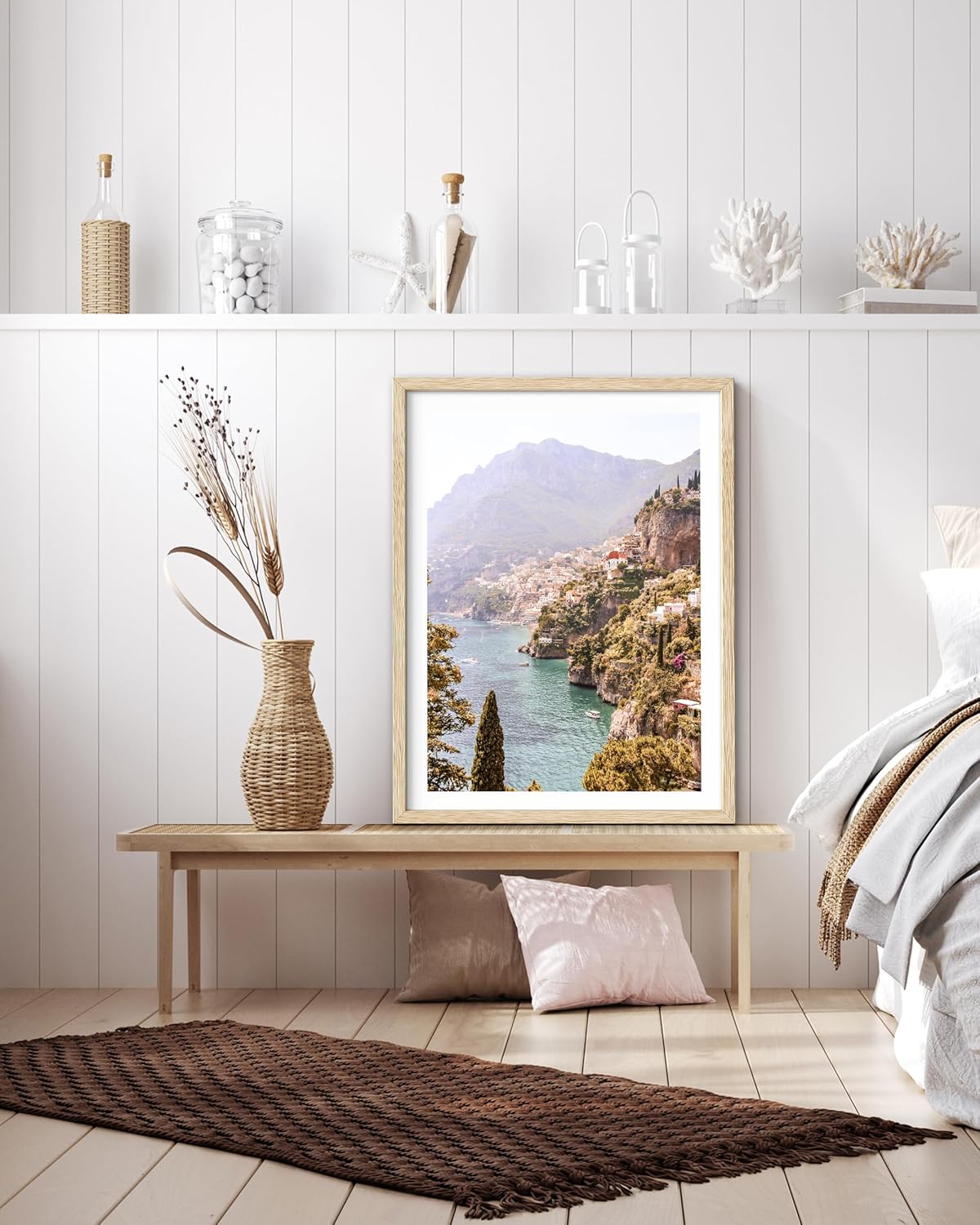 HesenDot Natural OAK Wood Framed Italy Coastal Wall Art,12x16in Amalfi Coast Canvas Wall