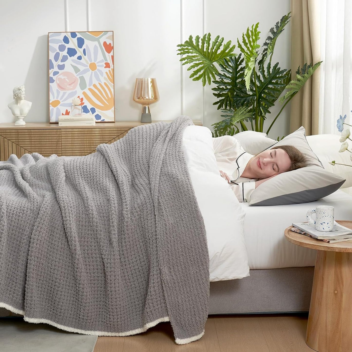 Snuggle Sac Soft Waffle Blanket, Grey Bedding Blankets Queen Size 90x90 inches, Reversible
