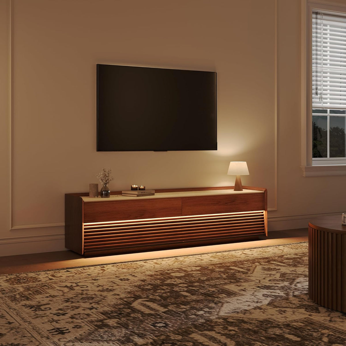 POVISON Fully-Assembled Mid Century Matte Sintered Stone TV Stand, 70.87" Wood Media Console with