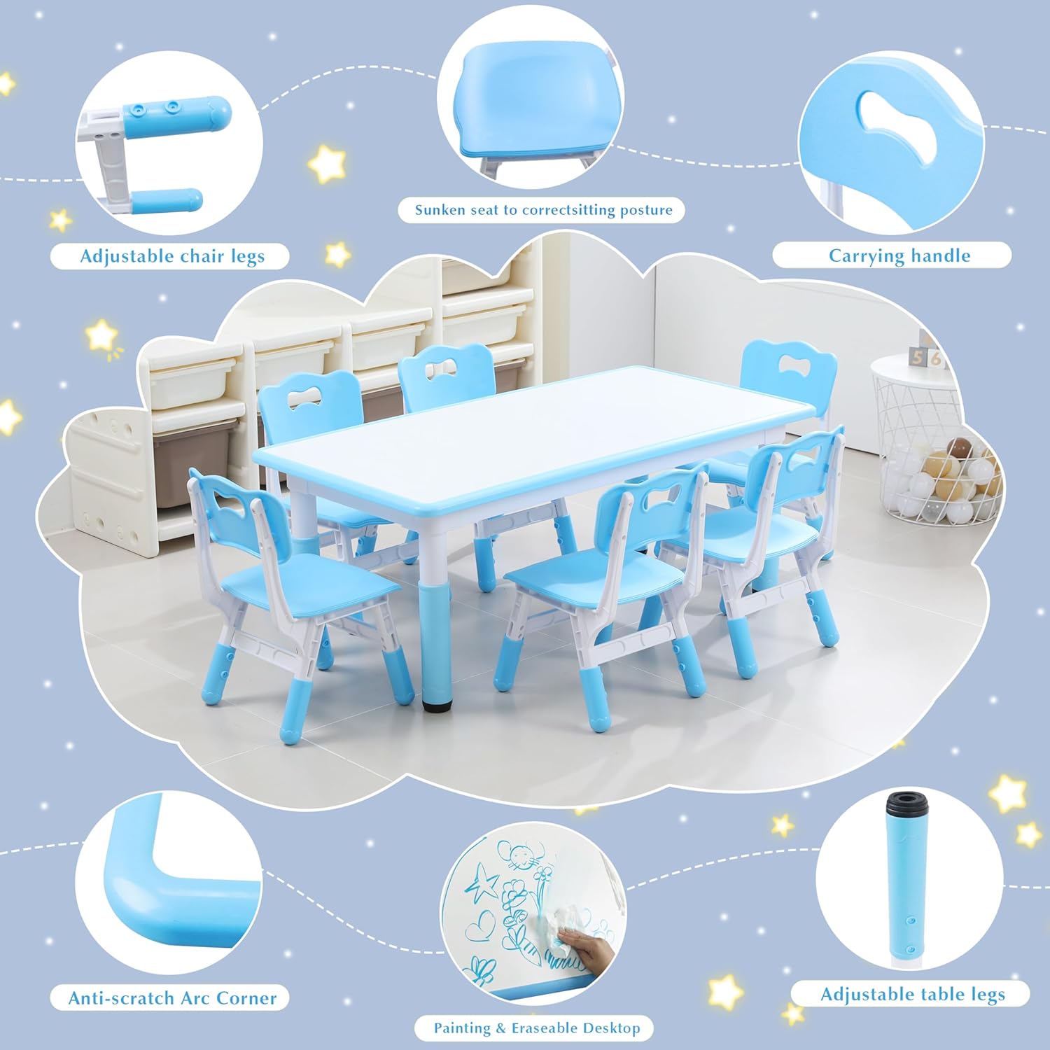 Kids Table and 6 Chairs Set with Graffiti Desktop, Toddler Furniture Set, Non-Slip, Table Children
