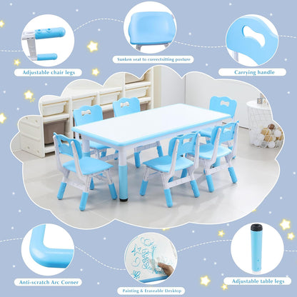 Kids Table and 6 Chairs Set with Graffiti Desktop, Toddler Furniture Set, Non-Slip, Table Children