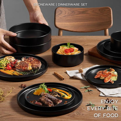 Onader 24 Piece Stoneware Dinnerware Sets with Pasta Bowls, Kitchen Dinner Dishes Set for 6, Plates